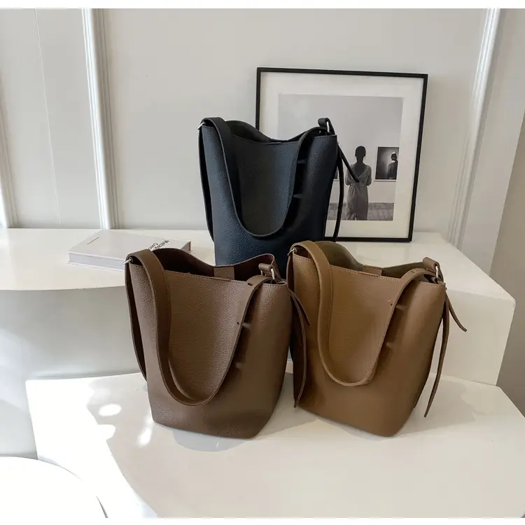 Women's Large Capacity Brown Leather Bucket Bag with Logo — feature 5