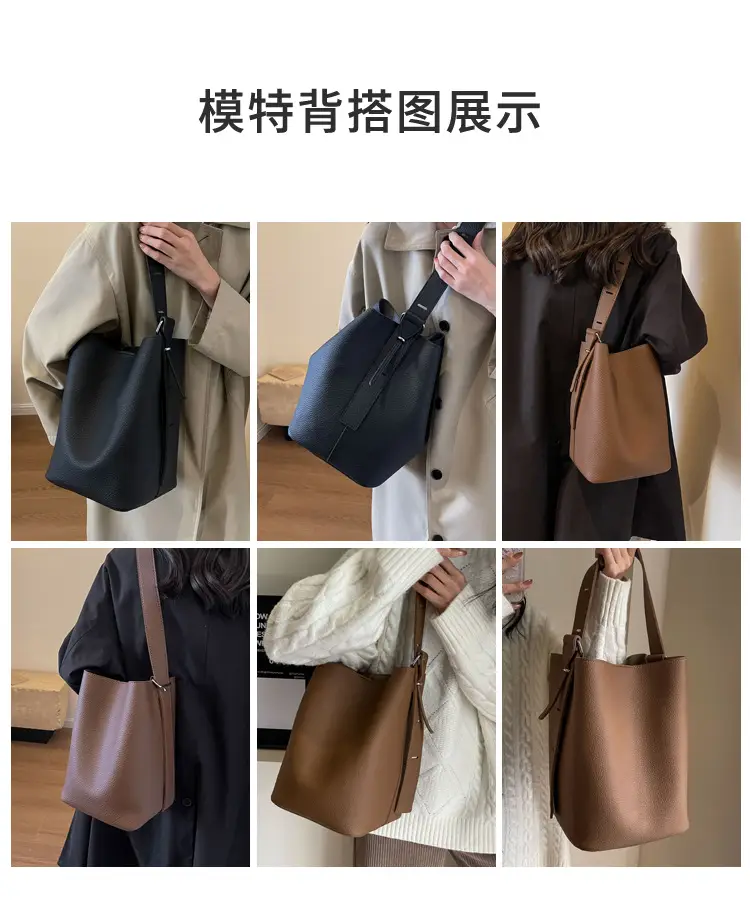 Women's Large Capacity Brown Leather Bucket Bag with Logo — feature 6