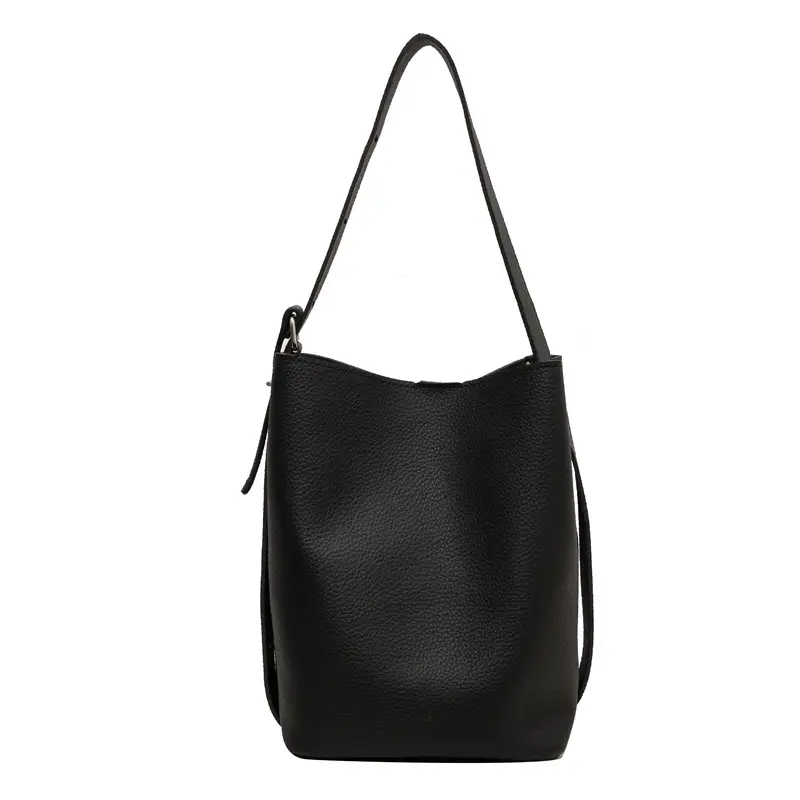 Women's Large Capacity Brown Leather Bucket Bag with Logo