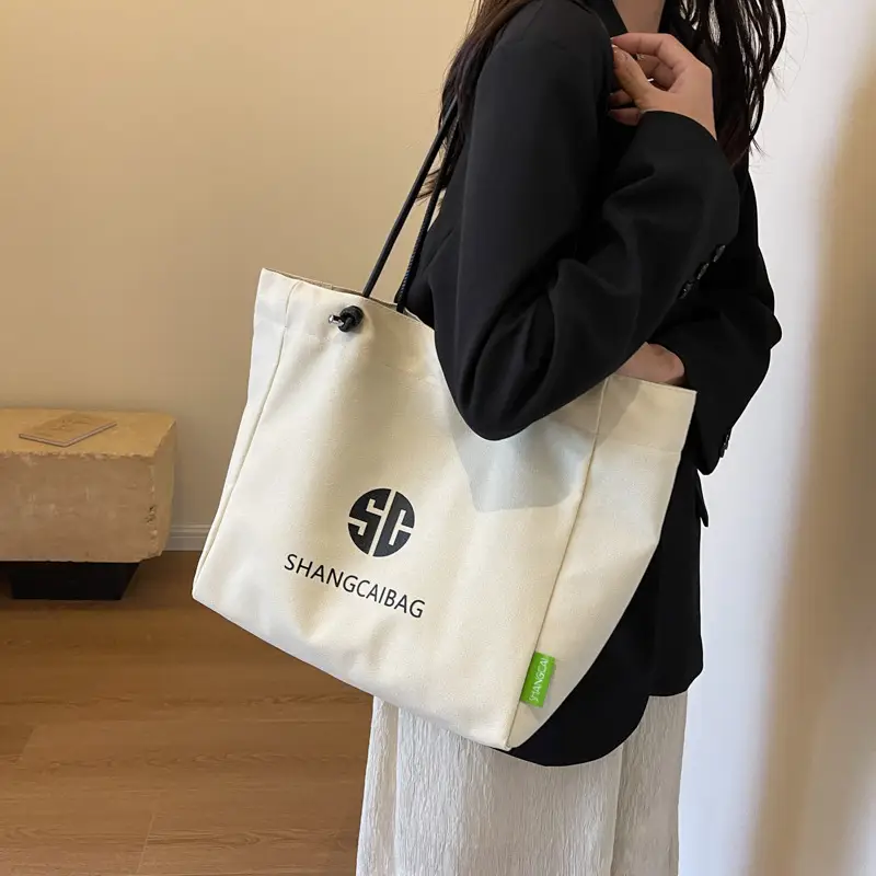 Women Large Capacity Canvas Tote Bag Gold Brand Logo - Image 9