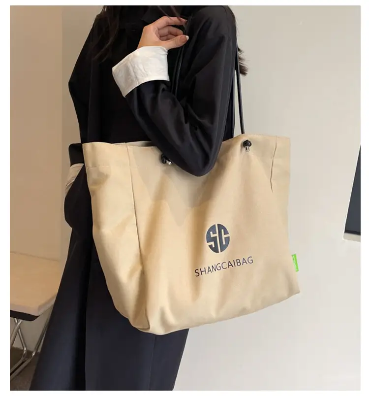 Women Large Capacity Canvas Tote Bag Gold Brand Logo — feature 1