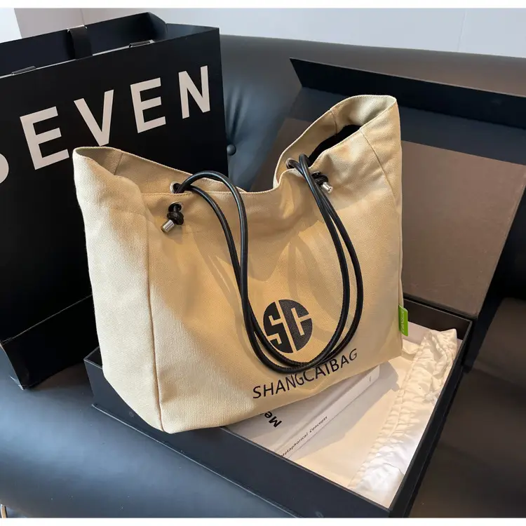 Women Large Capacity Canvas Tote Bag Gold Brand Logo — feature 33