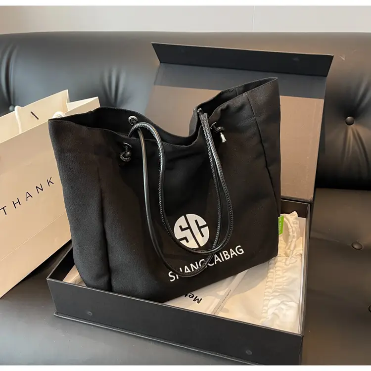 Women Large Capacity Canvas Tote Bag Gold Brand Logo — feature 34