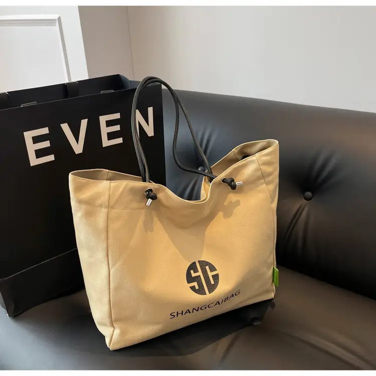 Women Large Capacity Canvas Tote Bag Gold Brand Logo — feature 35