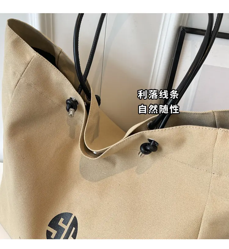 Women Large Capacity Canvas Tote Bag Gold Brand Logo — feature 4