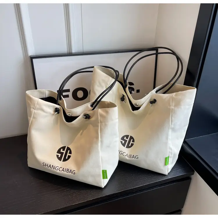 Women Large Capacity Canvas Tote Bag Gold Brand Logo — feature 40