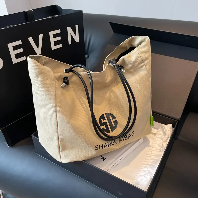 Women Large Capacity Canvas Tote Bag Gold Brand Logo - Image 3