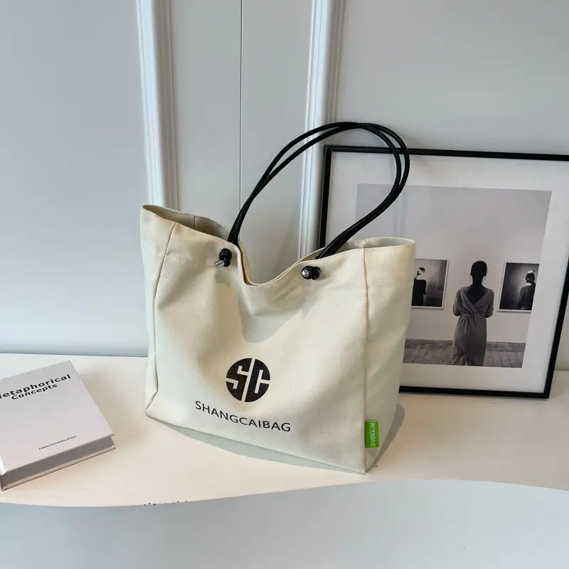 Women Large Capacity Canvas Tote Bag Gold Brand Logo - Image 5