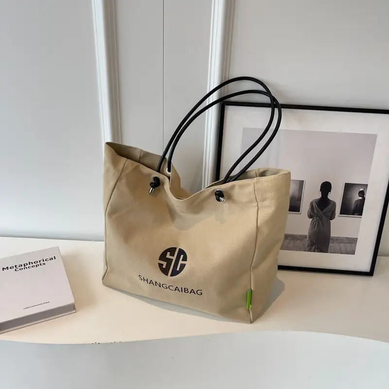 Women Large Capacity Canvas Tote Bag Gold Brand Logo - Image 6