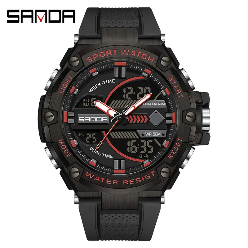 Sanda Men's Digital Sport Watch Black Red Waterproof