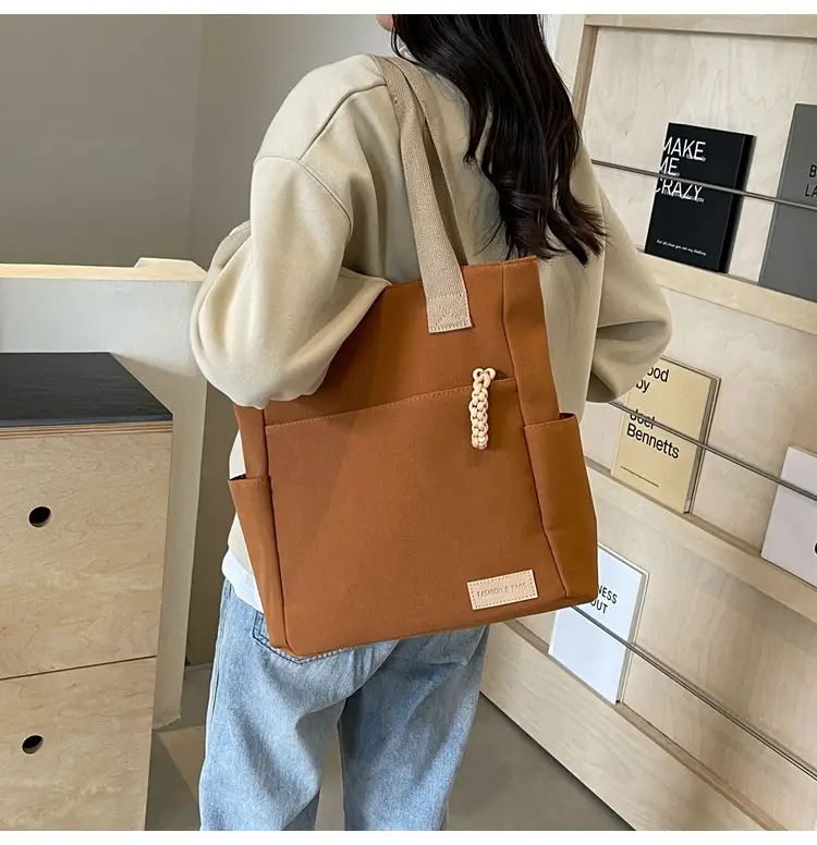 Beige Women's Large Satchel Canvas Bag — feature 17