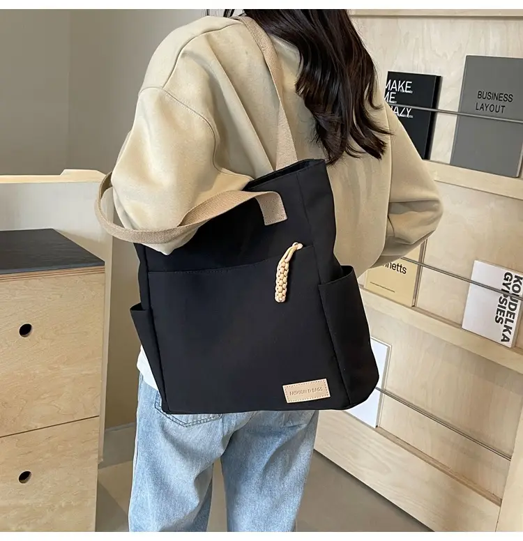 Beige Women's Large Satchel Canvas Bag — feature 23