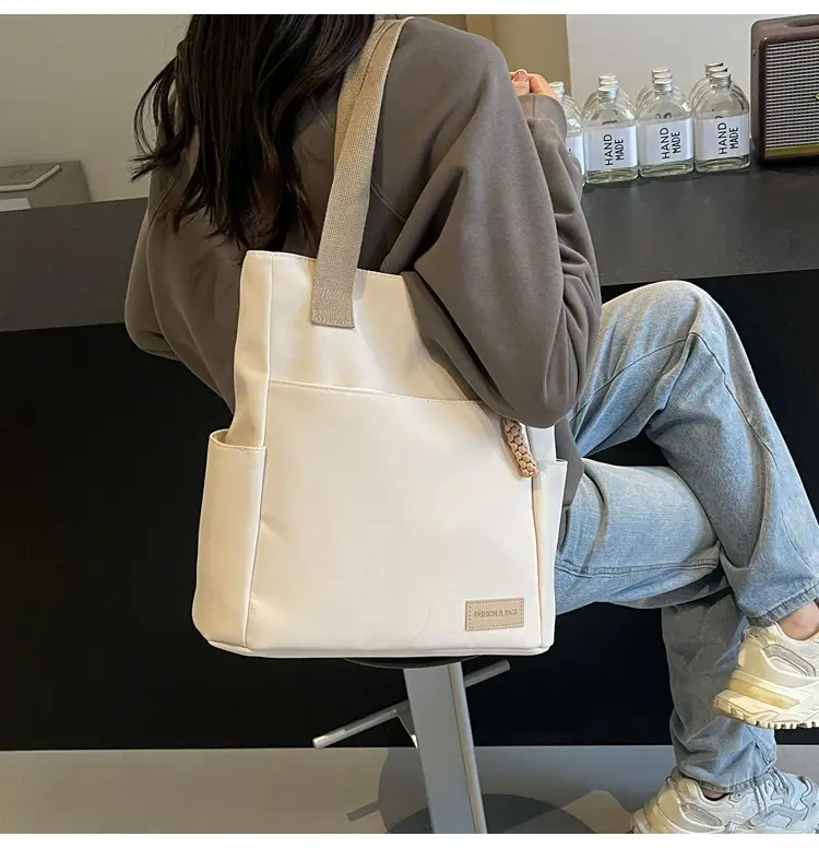 Beige Women's Large Satchel Canvas Bag — feature 28