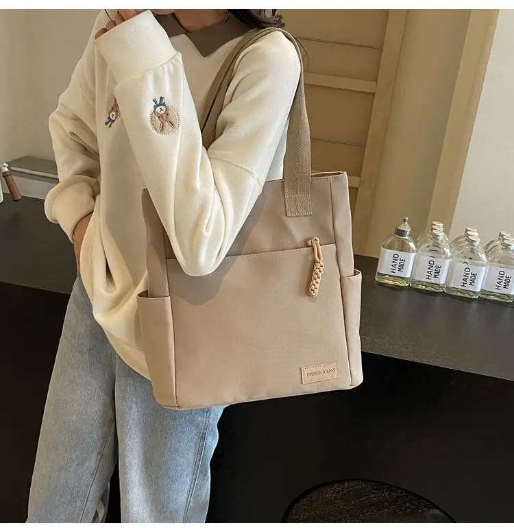 Beige Women's Large Satchel Canvas Bag — feature 35