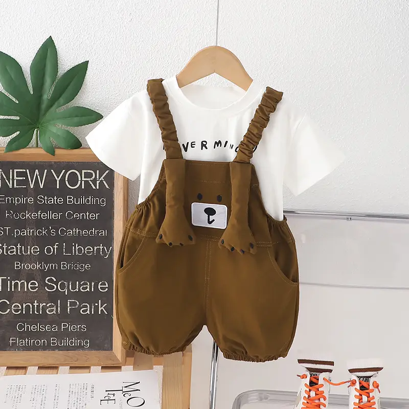 Boys & Girls 2-Piece Brown T-Shirt Suspenders Set Summer 2025 - Image 2