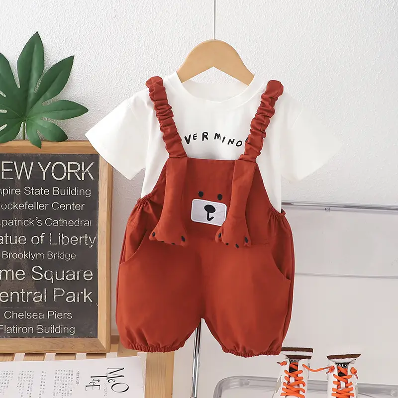 Boys & Girls 2-Piece Brown T-Shirt Suspenders Set Summer 2025 - Image 3