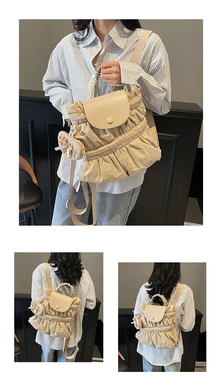 Korean Style Pleated Shoulder Bag Large Capacity Beige — feature 11