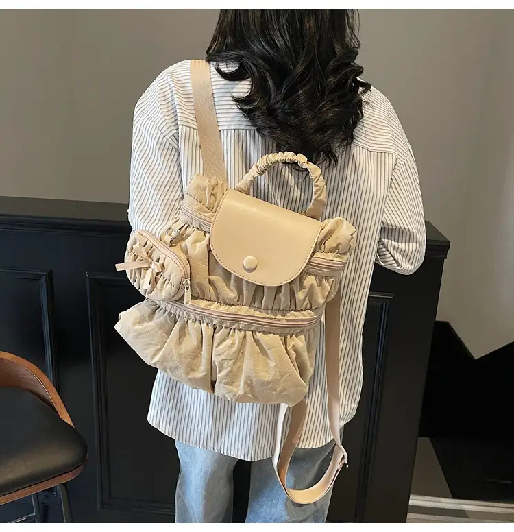 Korean Style Pleated Shoulder Bag Large Capacity Beige — feature 18