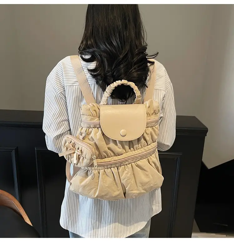 Korean Style Pleated Shoulder Bag Large Capacity Beige — feature 19