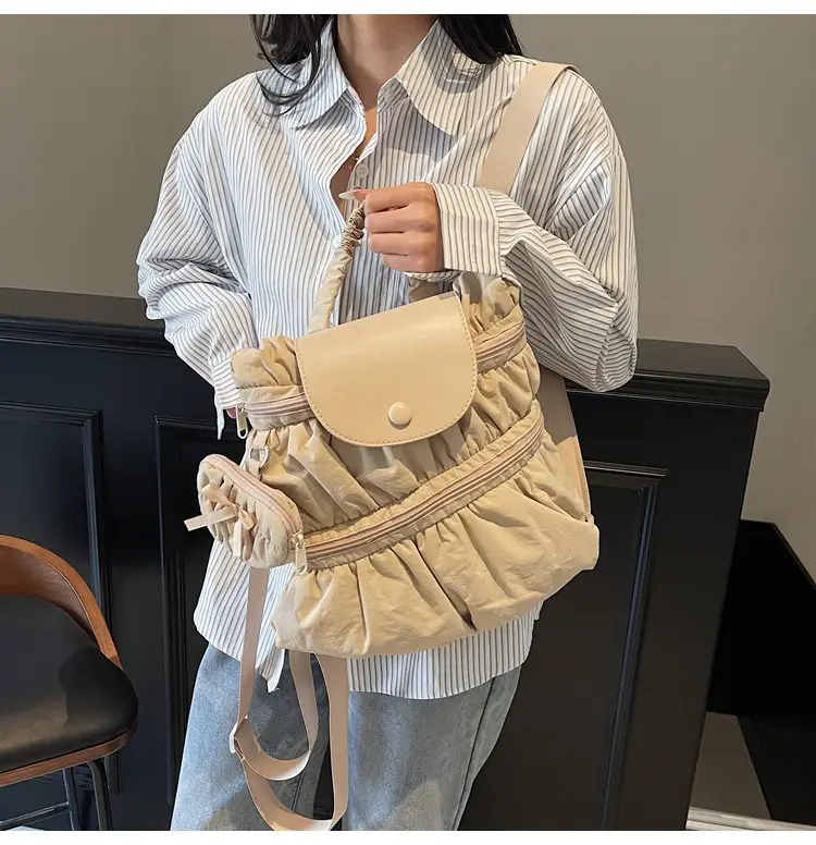 Korean Style Pleated Shoulder Bag Large Capacity Beige — feature 21