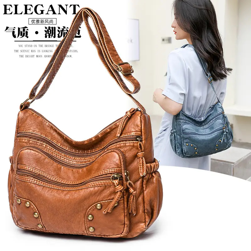Women's Blue & Brown Washed Leather Shoulder Bag - Image 4