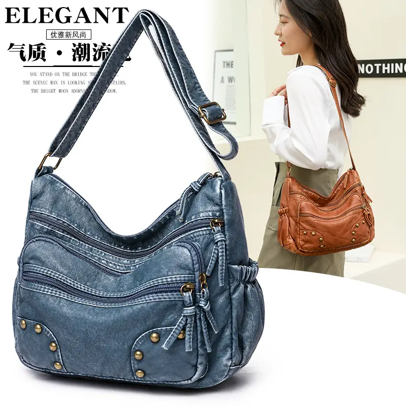 Women's Blue & Brown Washed Leather Shoulder Bag - Image 5