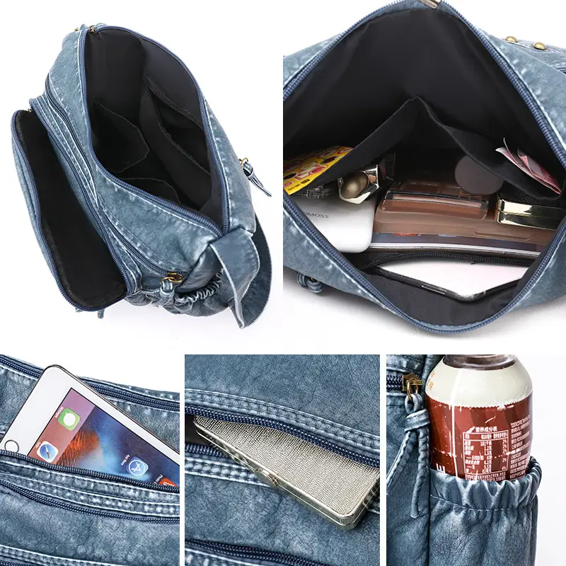 Women's Blue & Brown Washed Leather Shoulder Bag - Image 6