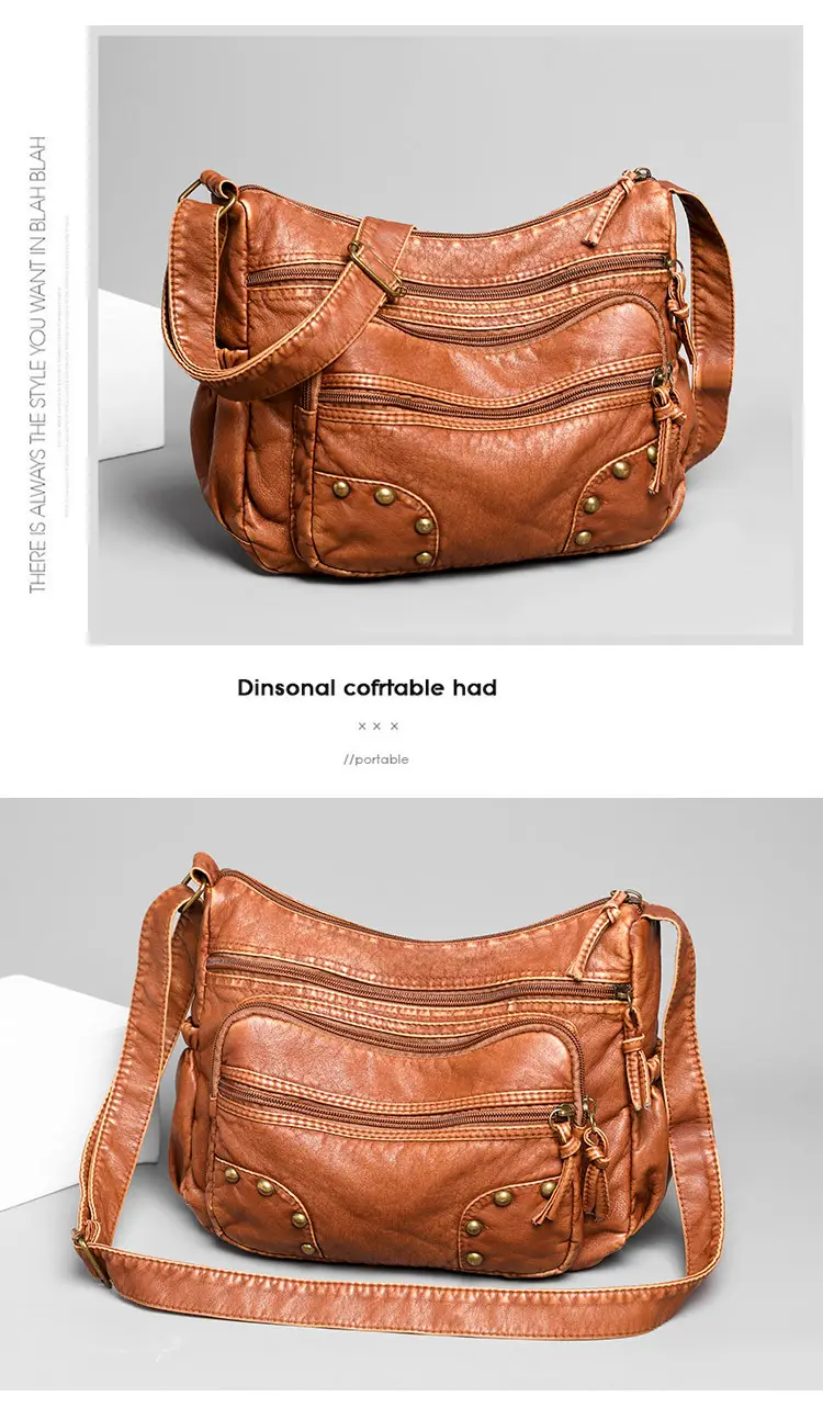 Women's Blue & Brown Washed Leather Shoulder Bag — feature 13