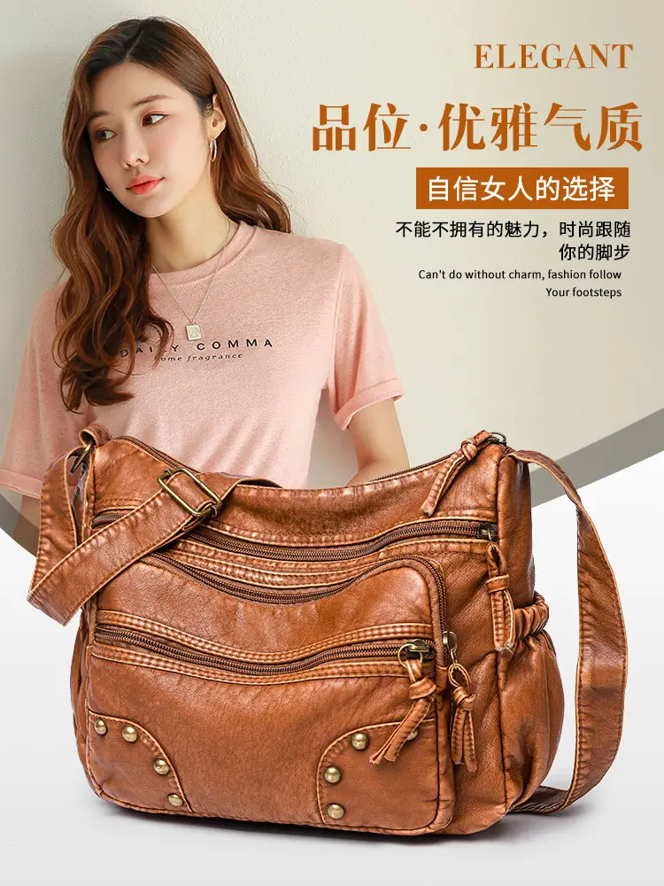Women's Blue & Brown Washed Leather Shoulder Bag — feature 2