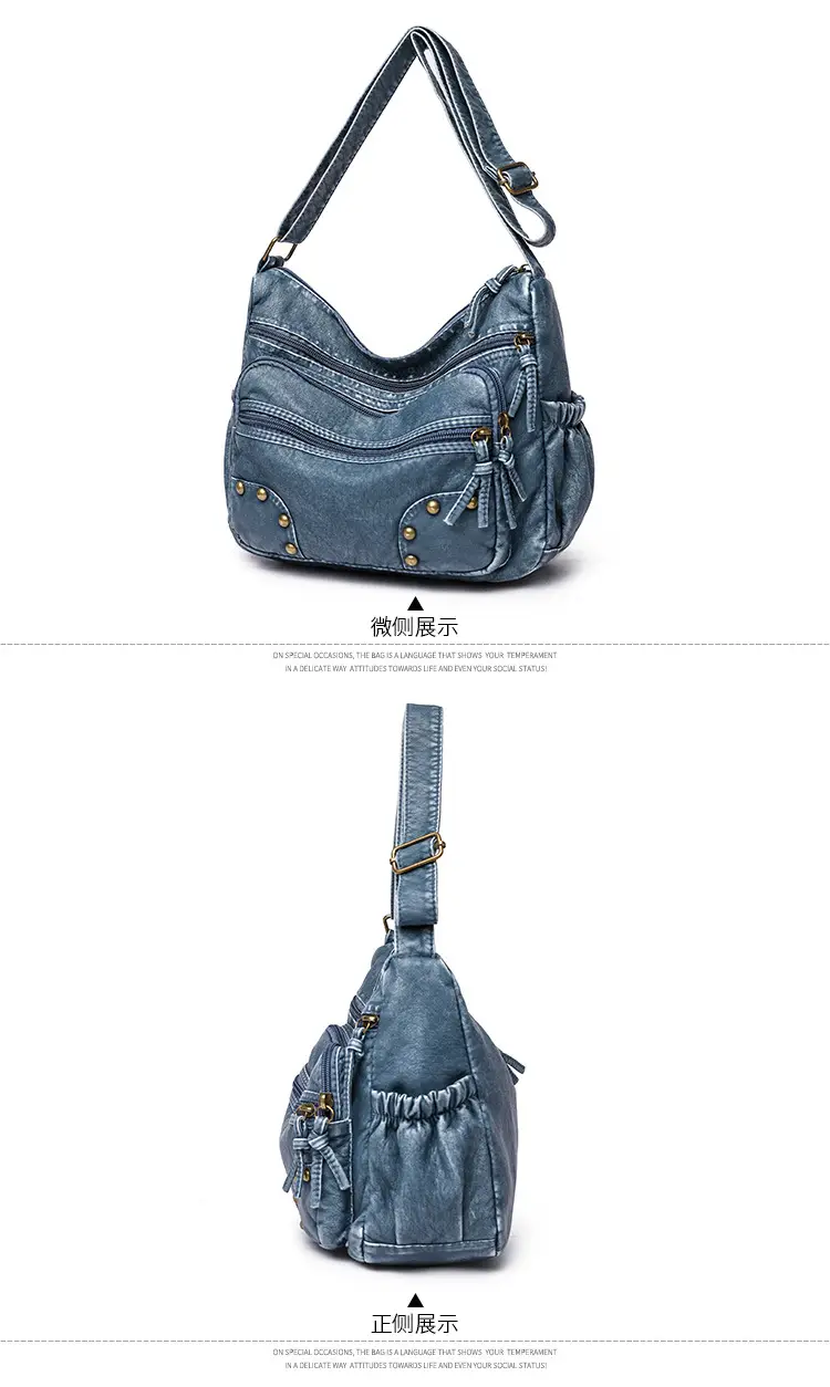 Women's Blue & Brown Washed Leather Shoulder Bag — feature 22