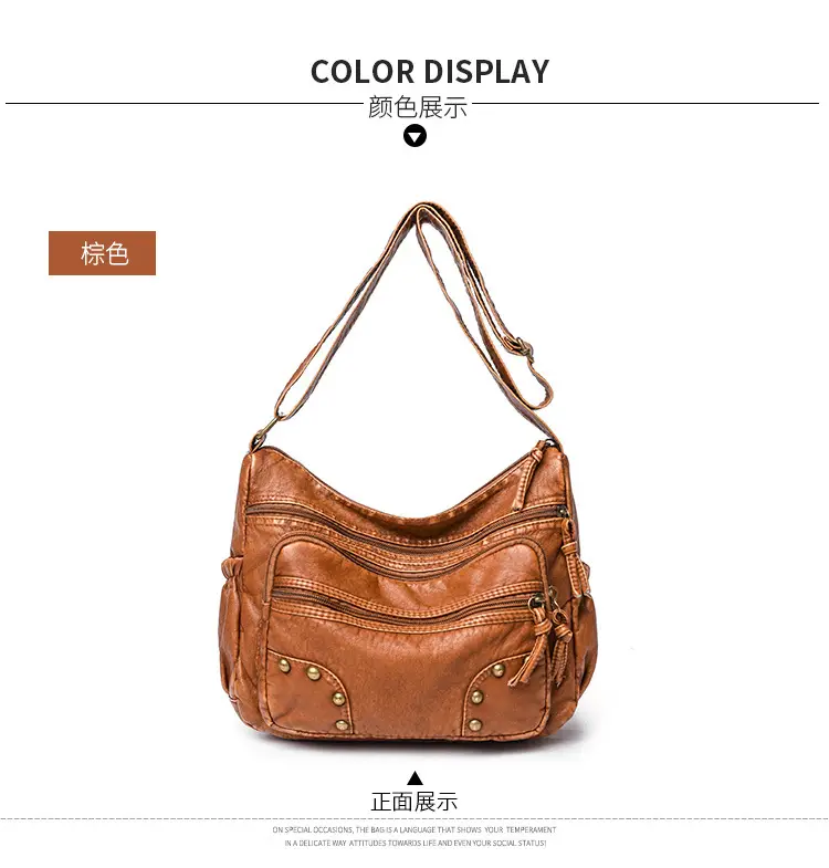 Women's Blue & Brown Washed Leather Shoulder Bag — feature 25