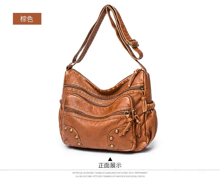 Women's Blue & Brown Washed Leather Shoulder Bag — feature 26