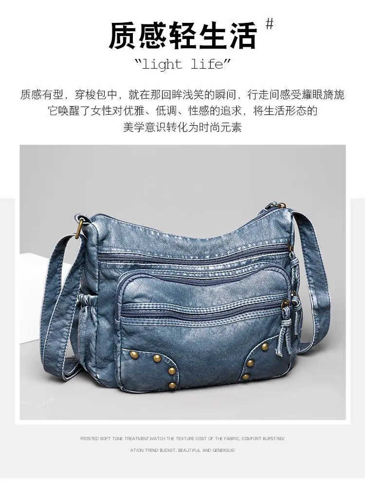 Women's Blue & Brown Washed Leather Shoulder Bag — feature 5