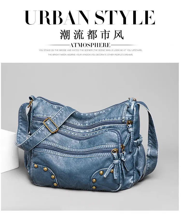 Women's Blue & Brown Washed Leather Shoulder Bag — feature 8