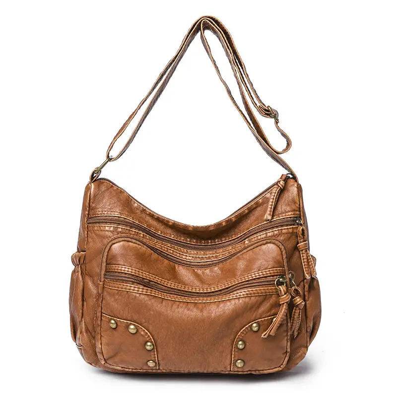 Women's Blue & Brown Washed Leather Shoulder Bag - Image 2