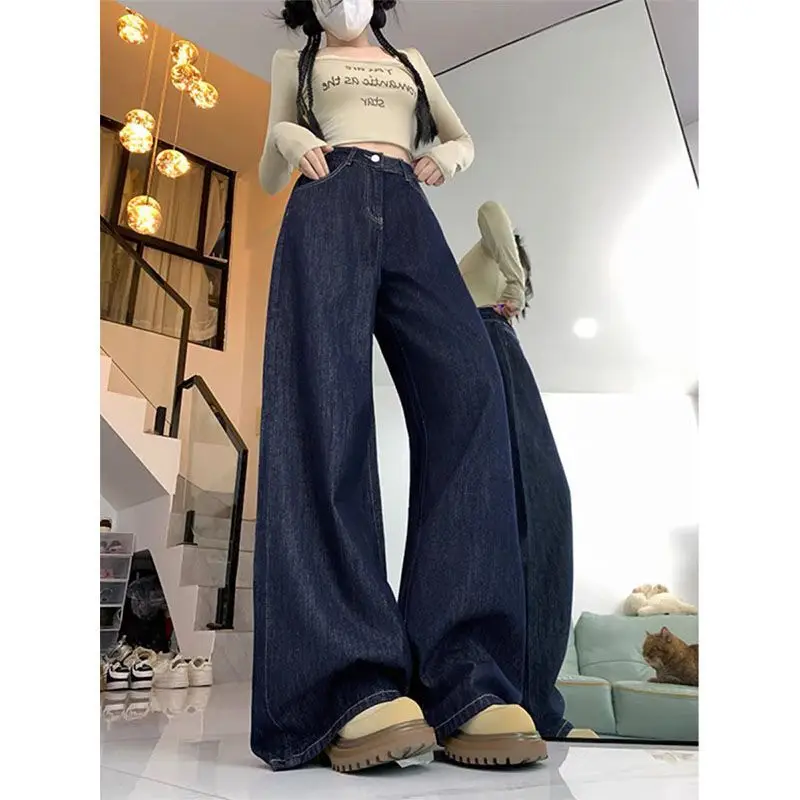 Women Dark Blue Wide Leg Jeans American Style 2025