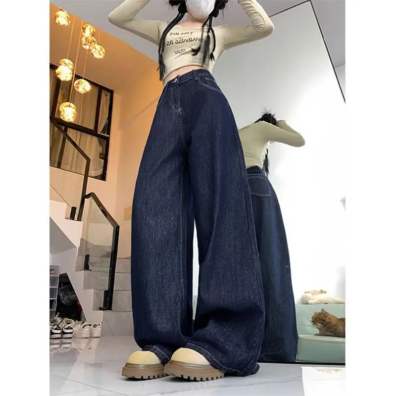Women Dark Blue Wide Leg Jeans American Style 2025
