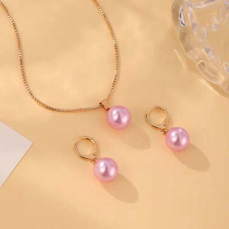 Pink Pearl Pendant Earrings Necklace Set for Women