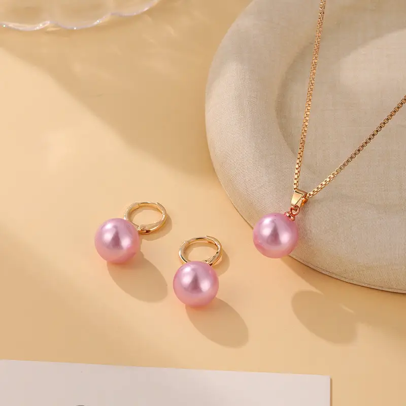 Pink Pearl Pendant Earrings Necklace Set for Women