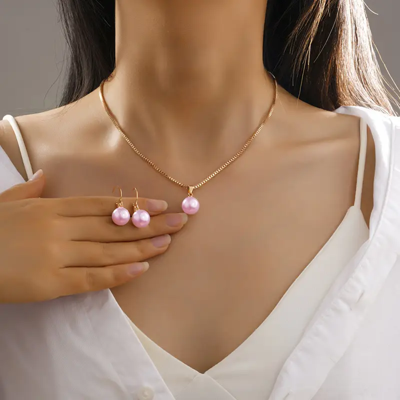 Pink Pearl Pendant Earrings Necklace Set for Women