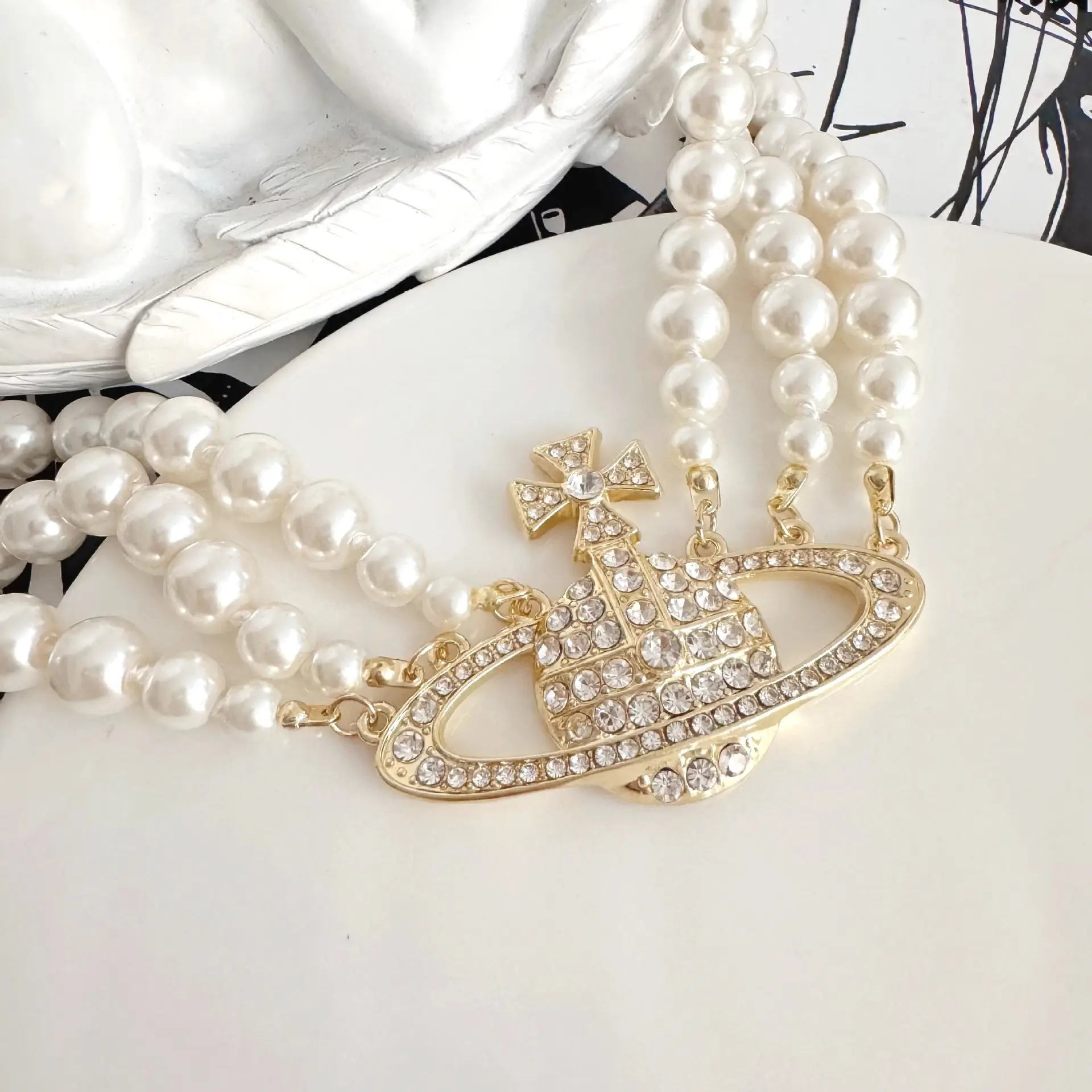 High-End Three-Layer Pearl Full-Diamond Saturn Necklace for Women - Image 2