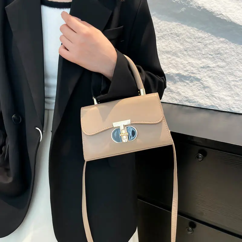 Women's Square Tan Shoulder Bag with Lock Buckle - Image 7