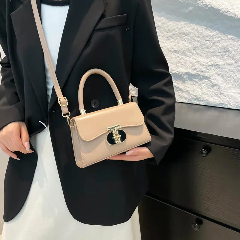 Women's Square Tan Shoulder Bag with Lock Buckle - Image 8