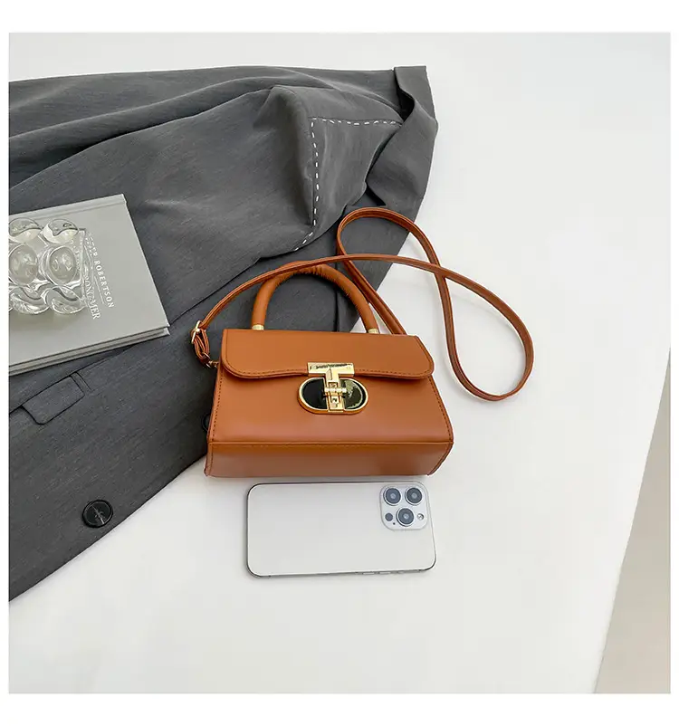 Women's Square Tan Shoulder Bag with Lock Buckle — feature 22