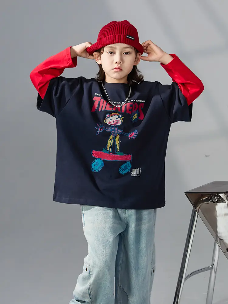 Boys Fake Two-Piece Long Sleeve T-Shirt Black Red