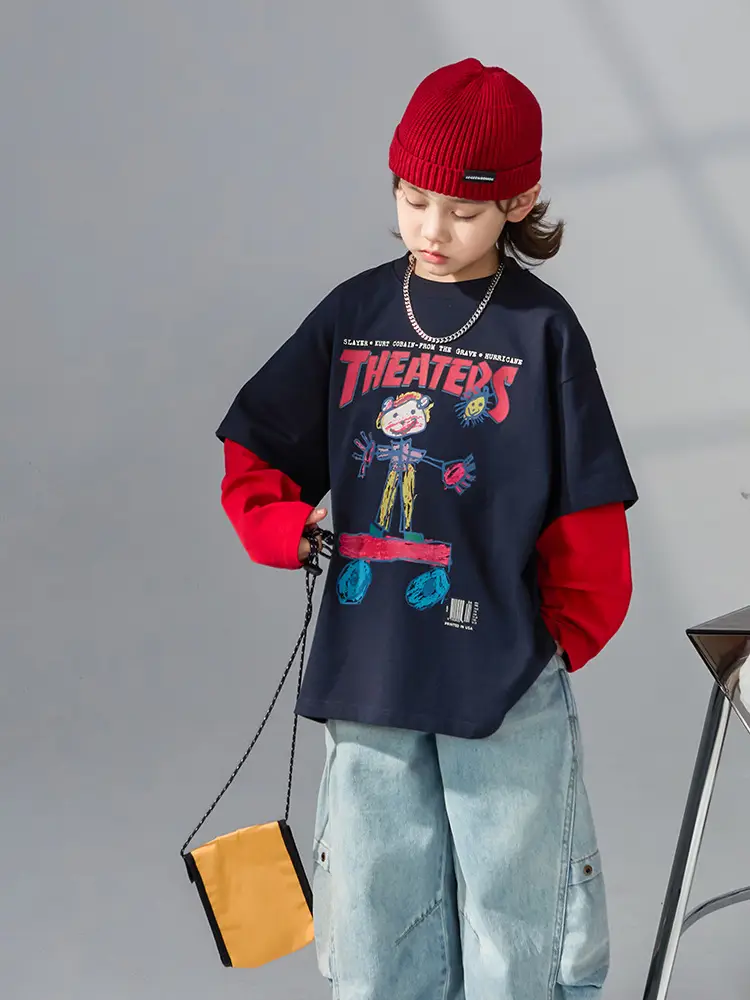 Boys Fake Two-Piece Long Sleeve T-Shirt Black Red