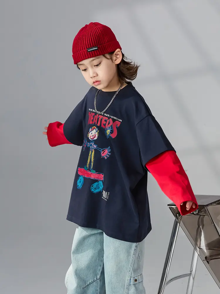 Boys Fake Two-Piece Long Sleeve T-Shirt Black Red