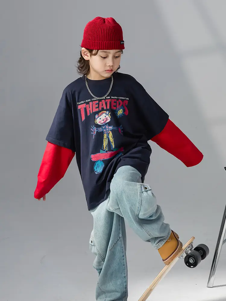 Boys Fake Two-Piece Long Sleeve T-Shirt Black Red