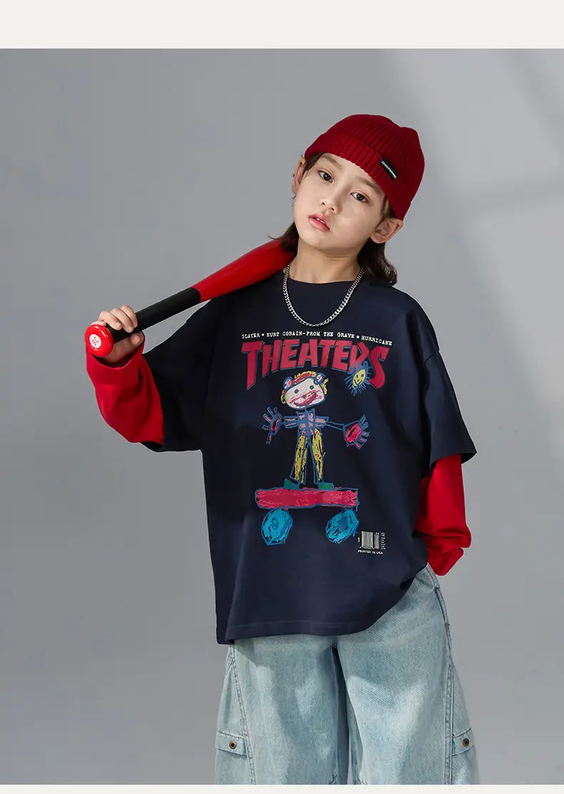 Boys Fake Two-Piece Long Sleeve T-Shirt Black Red — feature 10