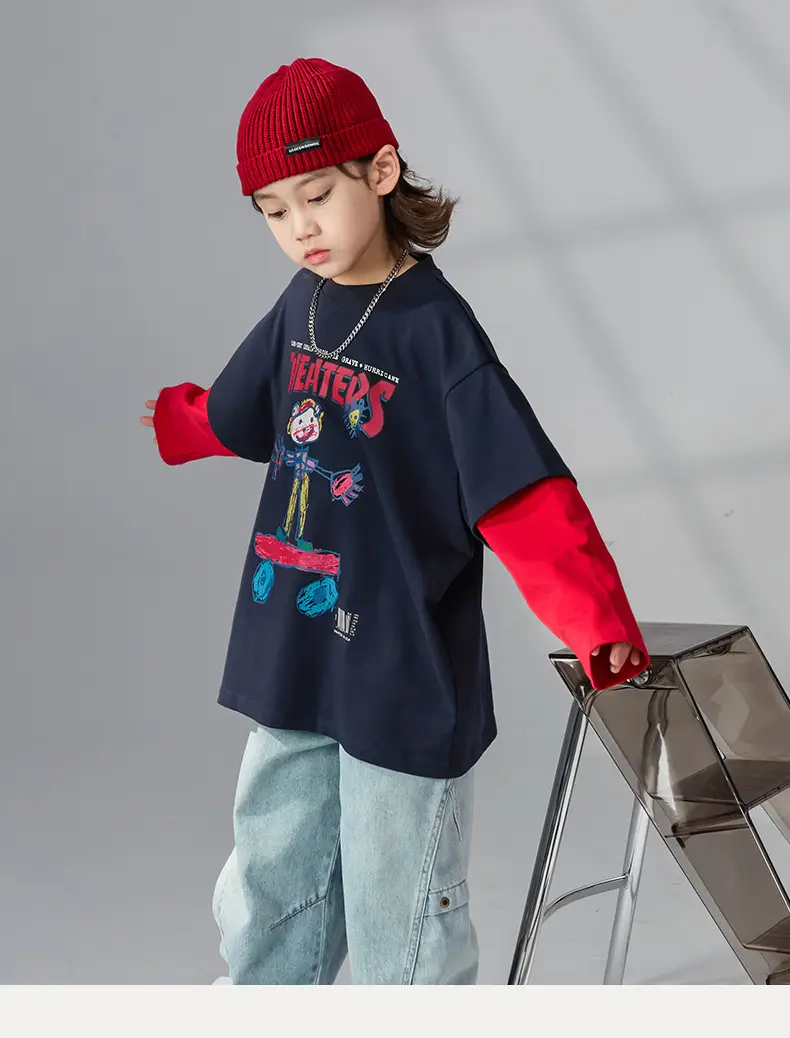 Boys Fake Two-Piece Long Sleeve T-Shirt Black Red — feature 12